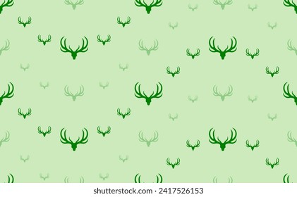 Seamless pattern of large and small green deer horns symbols. The elements are arranged in a wavy. Vector illustration on light green background