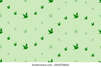 Seamless pattern of large and small green bird symbols. The elements are arranged in a wavy. Vector illustration on light green background