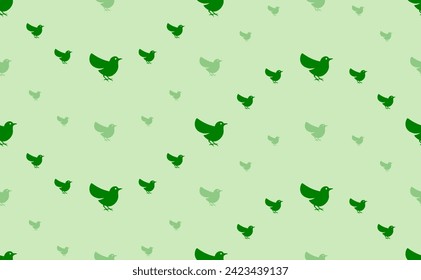 Seamless pattern of large and small green bird symbols. The elements are arranged in a wavy. Vector illustration on light green background