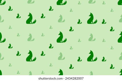 Seamless pattern of large and small green fox symbols. The elements are arranged in a wavy. Vector illustration on light green background