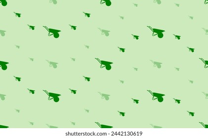 Seamless pattern of large and small green garden wheelbarrow symbols. The elements are arranged in a wavy. Vector illustration on light green background