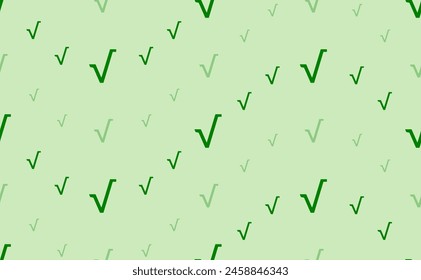 Seamless pattern of large and small green square root symbols. The elements are arranged in a wavy. Vector illustration on light green background