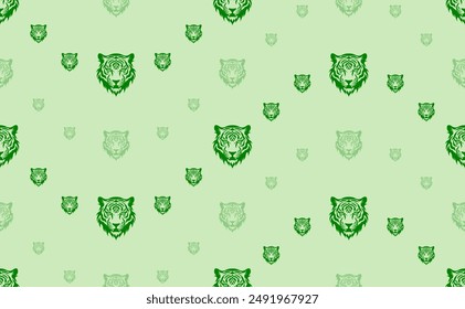 Seamless pattern of large and small green tiger head symbols. The elements are arranged in a wavy. Vector illustration on light green background