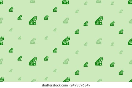 Seamless pattern of large and small green sitting tiger symbols. The elements are arranged in a wavy. Vector illustration on light green background