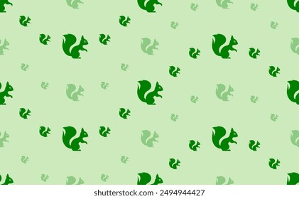 Seamless pattern of large and small green squirrel symbols. The elements are arranged in a wavy. Vector illustration on light green background