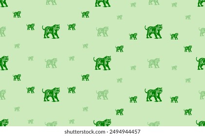 Seamless pattern of large and small green tiger symbols. The elements are arranged in a wavy. Vector illustration on light green background