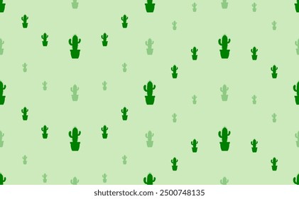 Seamless pattern of large and small green cactus symbols. The elements are arranged in a wavy. Vector illustration on light green background