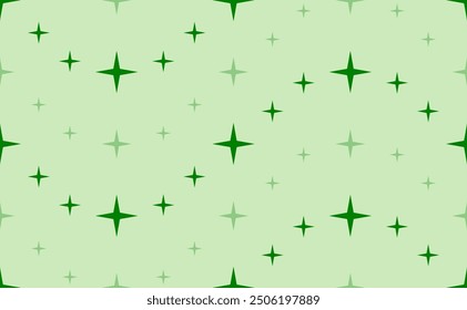 Seamless pattern of large and small green star symbols. The elements are arranged in a wavy. Vector illustration on light green background