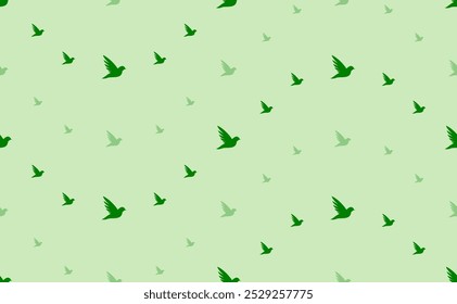 Seamless pattern of large and small green bird symbols. The elements are arranged in a wavy. Vector illustration on light green background