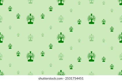 Seamless pattern of large and small green mystical tree in bottle symbols. The elements are arranged in a wavy. Vector illustration on light green background