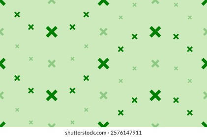 Seamless pattern of large and small green multiplication symbols. The elements are arranged in a wavy. Vector illustration on light green background