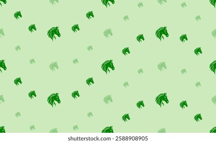 Seamless pattern of large and small green horse's head symbols. The elements are arranged in a wavy. Vector illustration on light green background