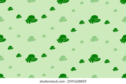 Seamless pattern of large and small green women's hat symbols. The elements are arranged in a wavy. Vector illustration on light green background