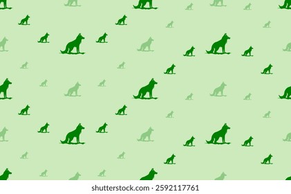 Seamless pattern of large and small green wild wolf symbols. The elements are arranged in a wavy. Vector illustration on light green background