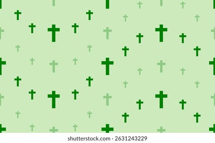 Seamless pattern of large and small green cross symbols. The elements are arranged in a wavy. Vector illustration on light green background