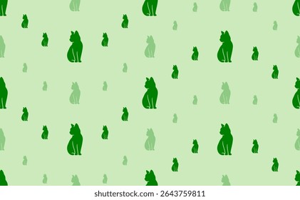 Seamless pattern of large and small green cat symbols. The elements are arranged in a wavy. Vector illustration on light green background