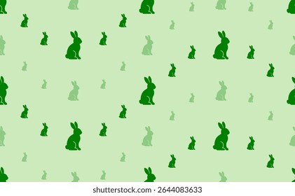 Seamless pattern of large and small green rabbit symbols. The elements are arranged in a wavy. Vector illustration on light green background