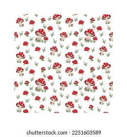 Seamless pattern large and small mushrooms, red hat with white dots, green grass, color image on a white background.
