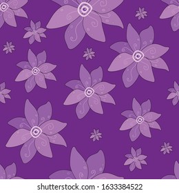 Seamless pattern of large and small purple flowers on a purple background
