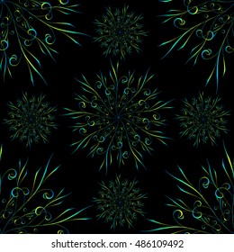 Seamless pattern with large and small yellow blue floral circular ornament on black for design