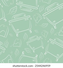 seamless pattern with a large square dustbin and with garbage, namely with a tea bag on a green background, to fight against environmental pollution day