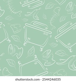 seamless pattern with a large square garbage can and various garbage placed chaotically on a green background, to fight against environmental pollution day