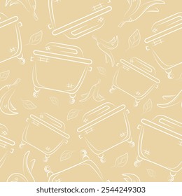 seamless pattern with a large square garbage can and with organic garbage, namely with a peel from under a banana on a yellow background, to fight against environmental pollution day