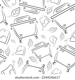 seamless pattern with a large square trash can and with garbage, namely with a tea bag, to fight against environmental pollution day