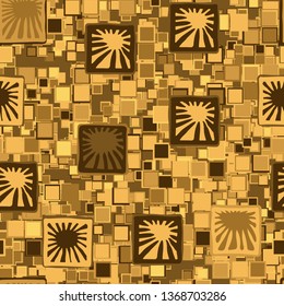 Seamless pattern. Large squares with suns on the background of small squares. Fashionable texture. Golden colors. Editable.