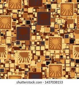 Seamless pattern. Large squares with suns on the background of small squares. Fashionable texture. Golden colors. Editable.