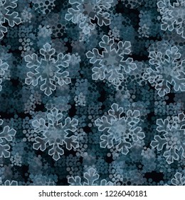 Seamless pattern. Large transparent snowflakes and winter camouflage.
