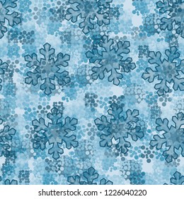Seamless pattern. Large transparent snowflakes and winter camouflage.