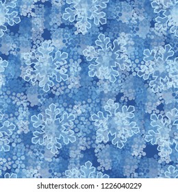Seamless pattern. Large transparent snowflakes and winter camouflage.