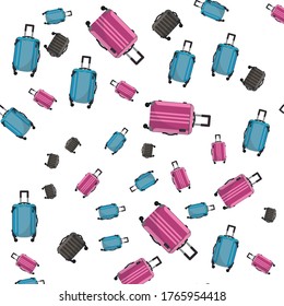 Patrón incomparable de maletas grandes de plástico de viaje. Bolsa sobre ruedas para viajes de negocios, vacaciones de verano, viajes. En primer plano. Maleta de policarbonato con ruedas aisladas en blanco. Viajero.