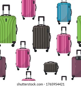 Patrón incomparable de maletas grandes de plástico de viaje. Bolsa sobre ruedas para viajes de negocios, vacaciones de verano, viajes. En primer plano. Maleta de policarbonato con ruedas aisladas en blanco. Viajero.