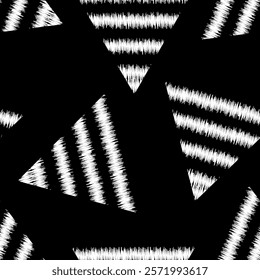 Seamless pattern with large triangles made up of black and white stripes with torn edges. Abstract high contrast geometric background. Collection of creative prints for fabric, packing etc. Vector.