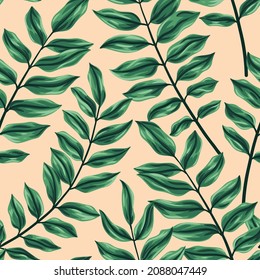 Nahtloses Muster mit großen tropischen Blättern. Botanischer Druck mit grünem Blattwerk auf hellrosa Hintergrund. Modernes Design des Sommers, Frühlingshintergrund mit Blättern. Vektorgrafik.