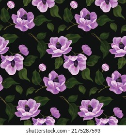 Seamless pattern with large watercolor blossom flowers. Expressive floral print, beautiful botanical background with hand-drawn flowers, buds, leaves on a branch. Vector illustration.