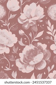 Seamless pattern with large watercolor blossom flowers. Expressive floral print, beautiful botanical background with hand-drawn flowers, buds, leaves on a branch. Vector illustration.