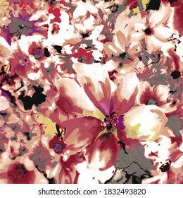 Seamless pattern with large watercolor flowers, pink grey black white colorflower