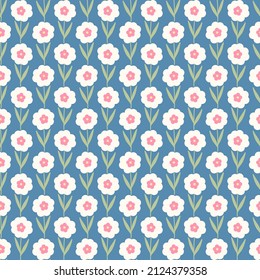 Seamless Pattern of large white stemmed flowers on a blue background.
