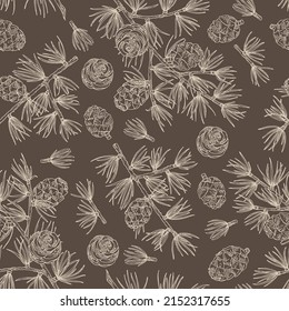 Seamless pattern with larix: larch tree, larix branch and larch cone. Cosmetics and medical plant. Vector hand drawn illustration.