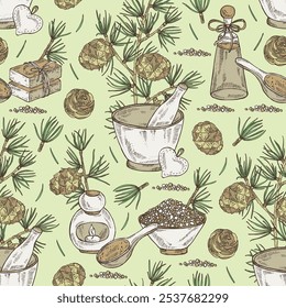 Seamless pattern with larix: larch tree, larix branch and larch cone. Oil, soap and bath salt . Cosmetics and medical plant. Vector hand drawn illustration