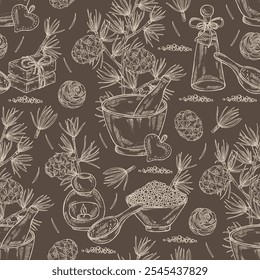Seamless pattern with larix: larch tree, larix branch and larch cone. Oil, soap and bath salt . Cosmetics and medical plant. Vector hand drawn illustration