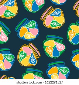 Seamless pattern in late 60s color style. Jars with stewed pears, preserves. Healthy, organic foods, veganism theme. Isolated on blue background