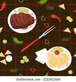Seamless pattern with latin american food. Fried pork leg grilled meat and Mexican Empanadas with sauce, fork, chili peppers and lime slices on dark brown background. Vector illustration