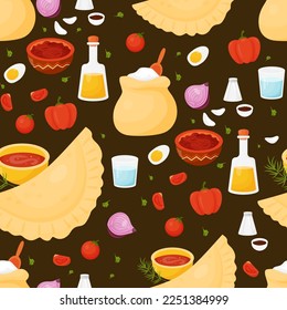 Seamless pattern with latin american food. Mexican Empanadas and ingredients products on black background. Vector illustration for wallpaper, packaging, textile