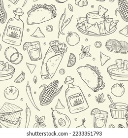 Seamless pattern with  latin american, mexican food. Cuisine mexicaine. Linear graphics. Hand drawn outline vector sketch illustration. Black on white background. 