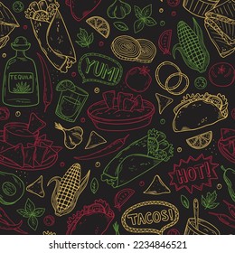 Seamless pattern with latin american, mexican food. Cuisine mexicaine. Traditional mexican culture background. Linear graphics. Hand drawn outline vector sketch illustration. 