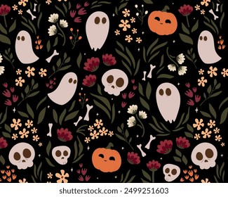 Seamless pattern Latin American style.Dead day party, sugar skull or halloween holiday.Traditional mexican music festival,fun bright dance vector characters.Halloween Dia De Los Muertos Celebration.